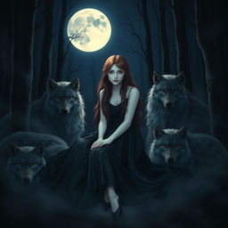 A beautiful girl with white skin and long brown hair sitting in a dark forest under the full moon