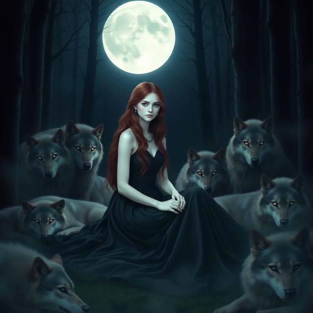 A beautiful girl with white skin and long brown hair sitting in a dark forest under the full moon