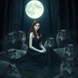 A beautiful girl with white skin and long brown hair sitting in a dark forest under the full moon