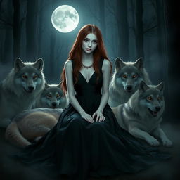 A beautiful girl with white skin and long brown hair sitting in a dark forest under the full moon