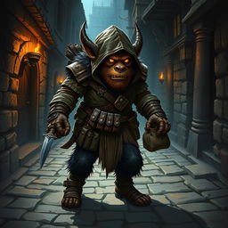 An intimidating bugbear rogue character illustrated in a dark fantasy environment