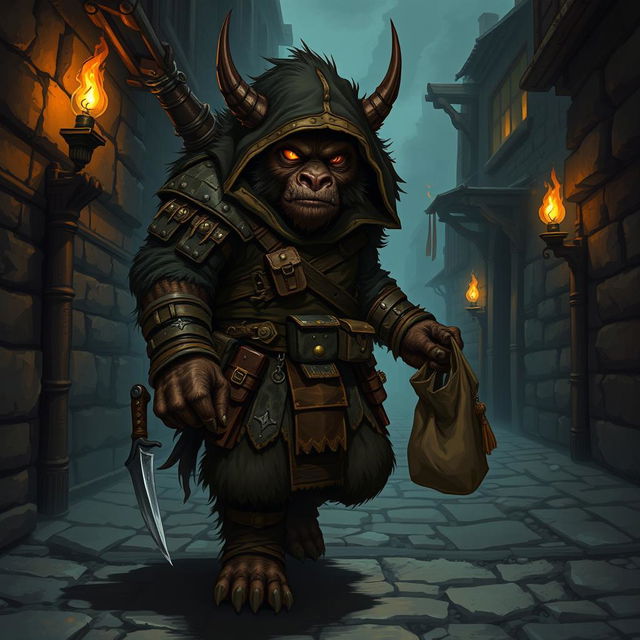 An intimidating bugbear rogue character illustrated in a dark fantasy environment