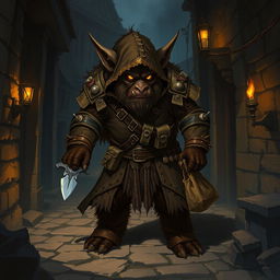 An intimidating bugbear rogue character illustrated in a dark fantasy environment