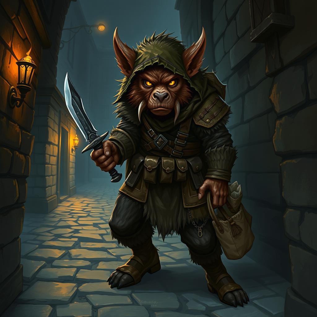 An intimidating bugbear rogue character illustrated in a dark fantasy environment