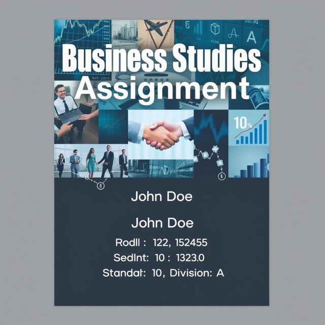 A visually appealing cover page for a business studies assignment, featuring a collage of business-related images including a stock market board, business people shaking hands, and charts showing growth