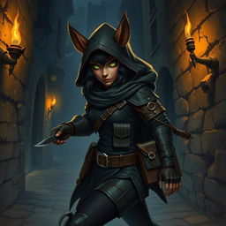 A female bugbear rogue character illustrated in a mysterious fantasy setting