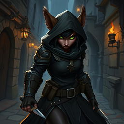 A female bugbear rogue character illustrated in a mysterious fantasy setting