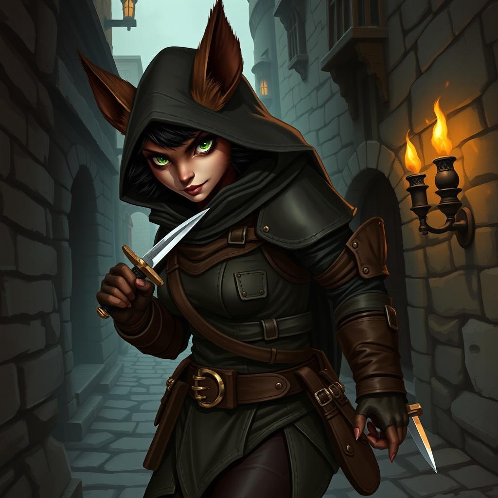 A female bugbear rogue character illustrated in a mysterious fantasy setting