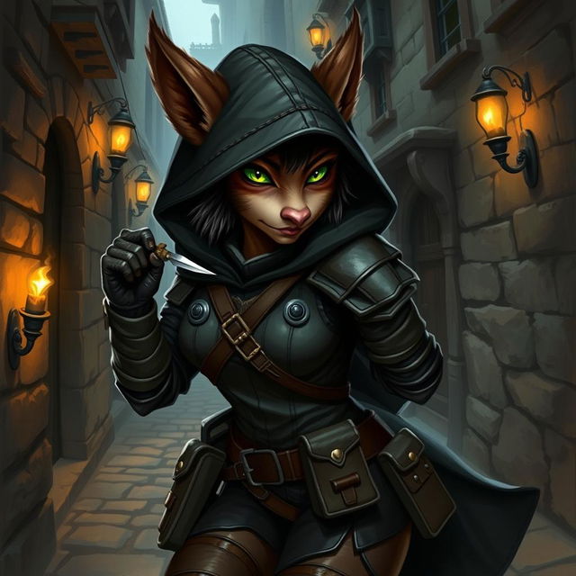 A female bugbear rogue character illustrated in a mysterious fantasy setting