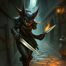 A female bugbear rogue character set in a captivating fantasy environment, featuring sleek dark fur, large expressive ears, and striking green eyes that glimmer with cunning