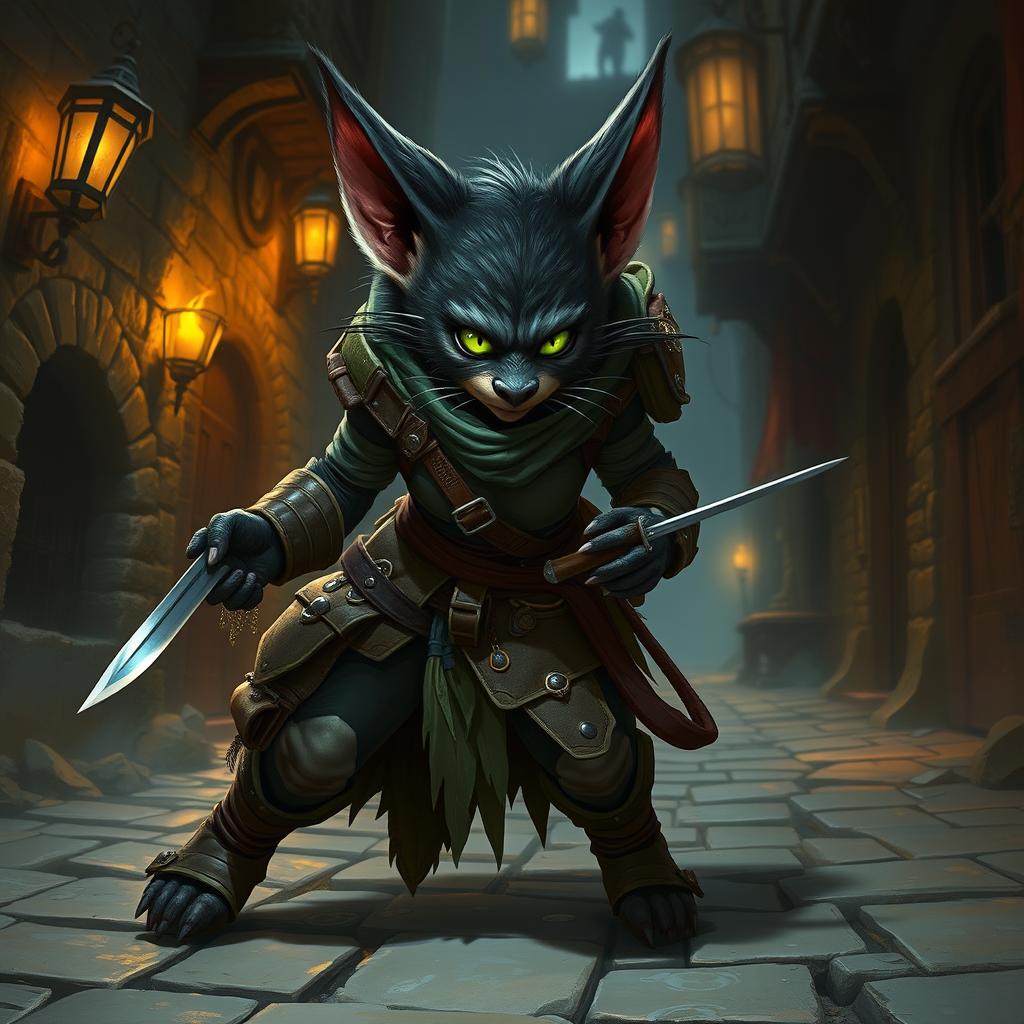 A female bugbear rogue character set in a captivating fantasy environment, featuring sleek dark fur, large expressive ears, and striking green eyes that glimmer with cunning