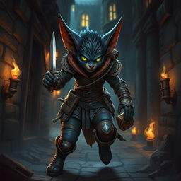 A female bugbear rogue character set in a captivating fantasy environment, featuring sleek dark fur, large expressive ears, and striking green eyes that glimmer with cunning