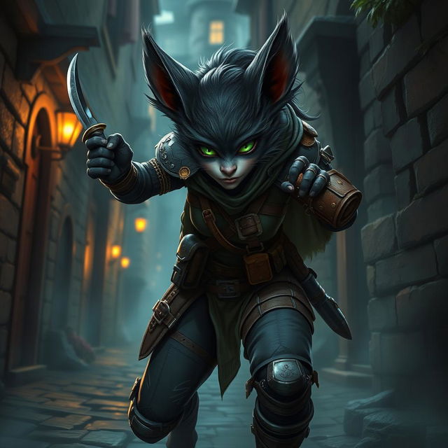 A female bugbear rogue character set in a captivating fantasy environment, featuring sleek dark fur, large expressive ears, and striking green eyes that glimmer with cunning