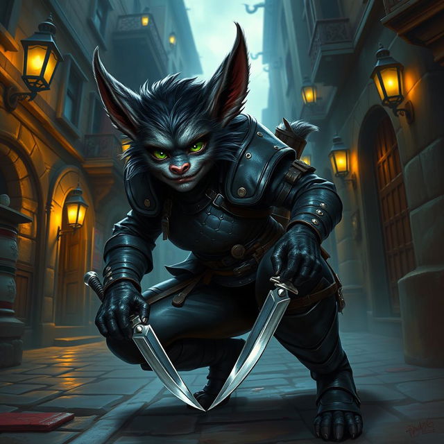 A female bugbear rogue character depicted in a vibrant fantasy environment