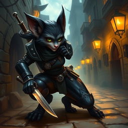 A female bugbear rogue character depicted in a vibrant fantasy environment