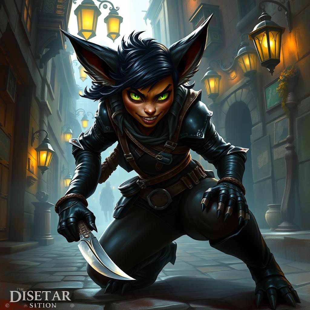 A female bugbear rogue character depicted in a vibrant fantasy environment