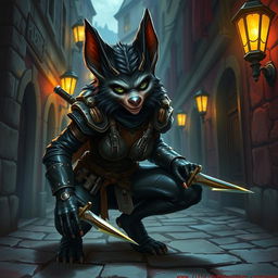 A female bugbear rogue character depicted in a vibrant fantasy environment