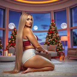 A beautiful mature 55-year-old Venezuelan MILF with long straight blonde hair reaching her waist, seated sideways in a futuristic styled living room decorated for Christmas