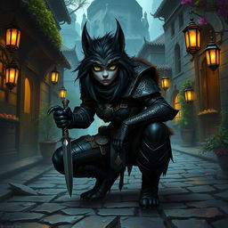 A female bugbear rogue character depicted in a richly detailed fantasy landscape