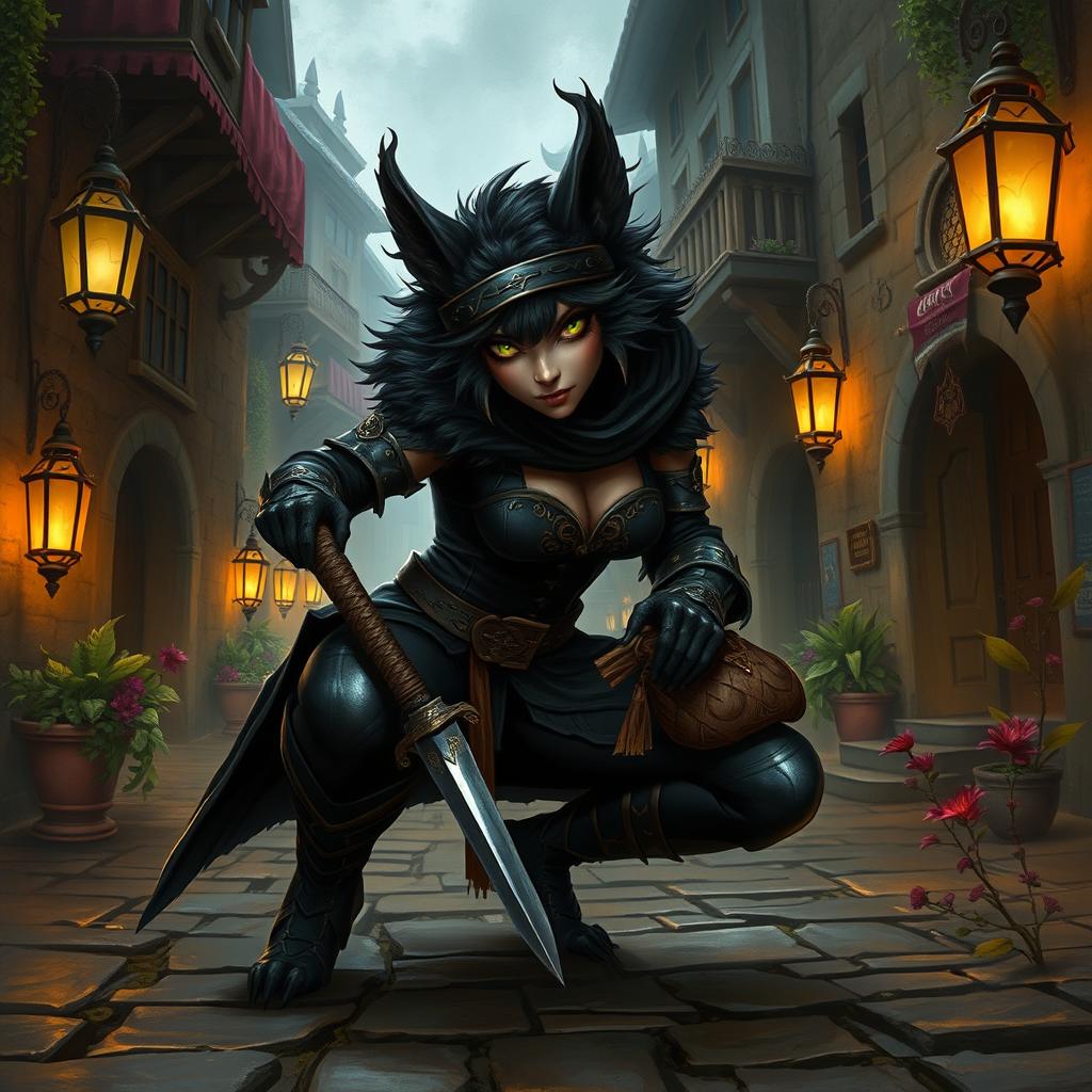 A female bugbear rogue character depicted in a richly detailed fantasy landscape