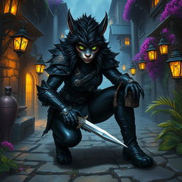 A female bugbear rogue character depicted in a richly detailed fantasy landscape