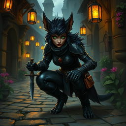 A female bugbear rogue character depicted in a richly detailed fantasy landscape