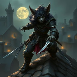 A female bugbear rogue portrayed in an enchanting fantasy setting