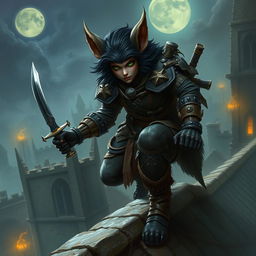 A female bugbear rogue portrayed in an enchanting fantasy setting