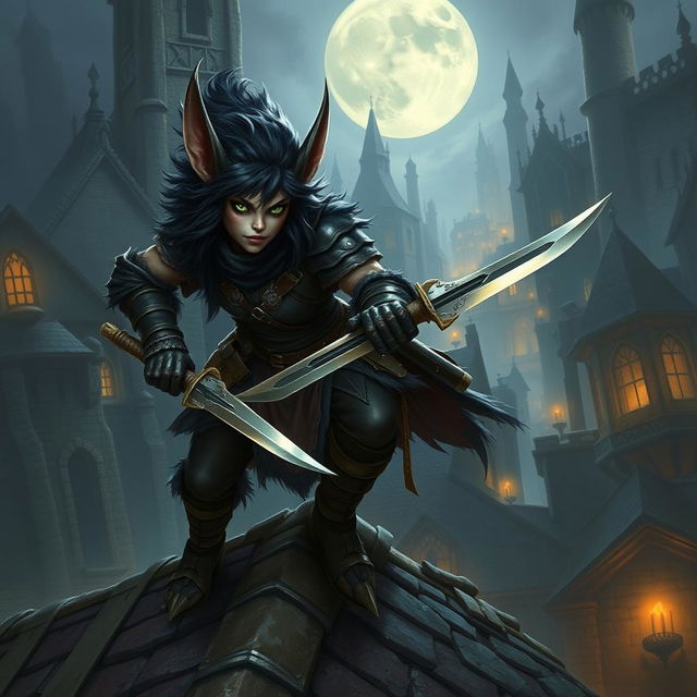 A female bugbear rogue portrayed in an enchanting fantasy setting