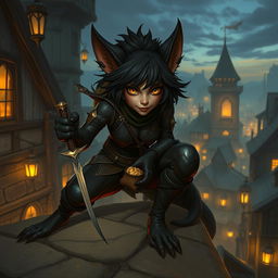 A captivating female bugbear rogue character in a lively fantasy scene
