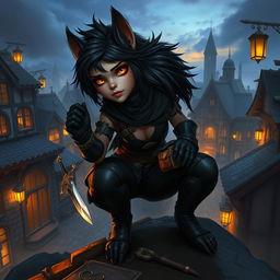 A captivating female bugbear rogue character in a lively fantasy scene