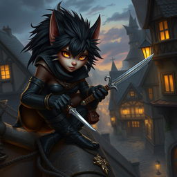 A captivating female bugbear rogue character in a lively fantasy scene