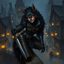 A female bugbear rogue depicted in an intricately detailed fantasy environment