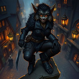 A female bugbear rogue depicted in an intricately detailed fantasy environment