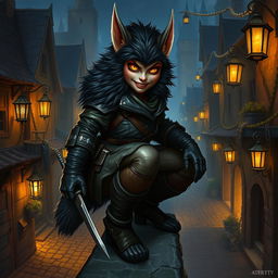 A female bugbear rogue depicted in an intricately detailed fantasy environment