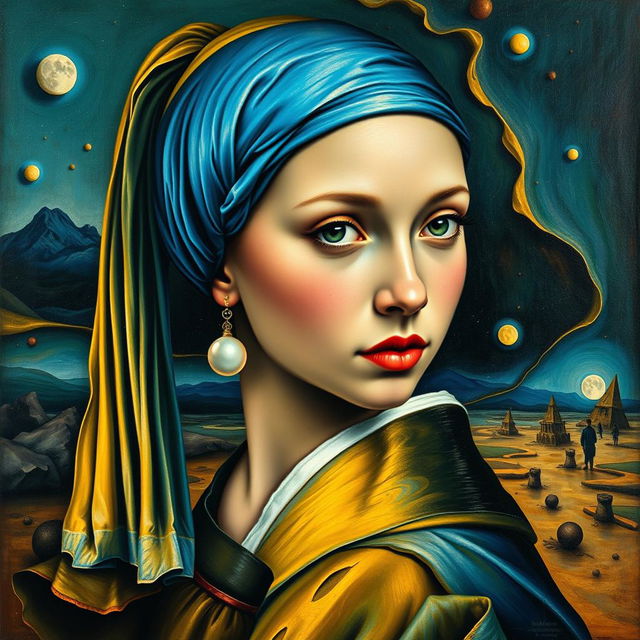 A reinterpretation of the classic painting 'Girl with a Pearl Earring' infused with surreal elements inspired by Salvador Dali's style in 'The Flight of the Bumblebee or A Second Before Awakening'