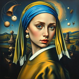 A reinterpretation of the classic painting 'Girl with a Pearl Earring' infused with surreal elements inspired by Salvador Dali's style in 'The Flight of the Bumblebee or A Second Before Awakening'