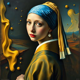 A reinterpretation of the classic painting 'Girl with a Pearl Earring' infused with surreal elements inspired by Salvador Dali's style in 'The Flight of the Bumblebee or A Second Before Awakening'