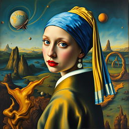 A reinterpretation of the classic painting 'Girl with a Pearl Earring' infused with surreal elements inspired by Salvador Dali's style in 'The Flight of the Bumblebee or A Second Before Awakening'