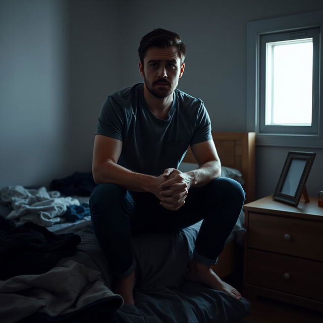 A thoughtful scene showing a man sitting on the edge of a bed, looking anxious and insecure about his relationship