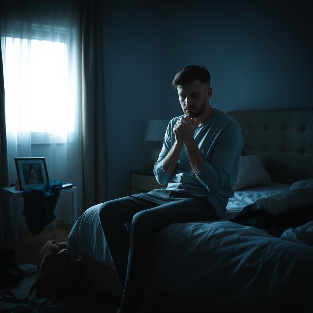 A thoughtful scene showing a man sitting on the edge of a bed, looking anxious and insecure about his relationship