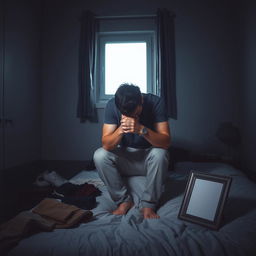 A thoughtful scene showing a man sitting on the edge of a bed, looking anxious and insecure about his relationship