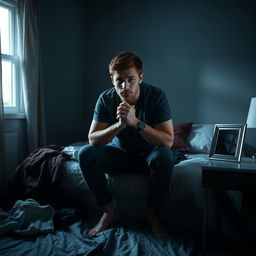 A thoughtful scene showing a man sitting on the edge of a bed, looking anxious and insecure about his relationship
