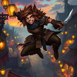 A striking female bugbear rogue illustrated in a vibrant fantasy landscape