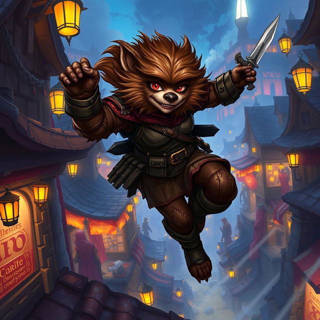 A striking female bugbear rogue illustrated in a vibrant fantasy landscape