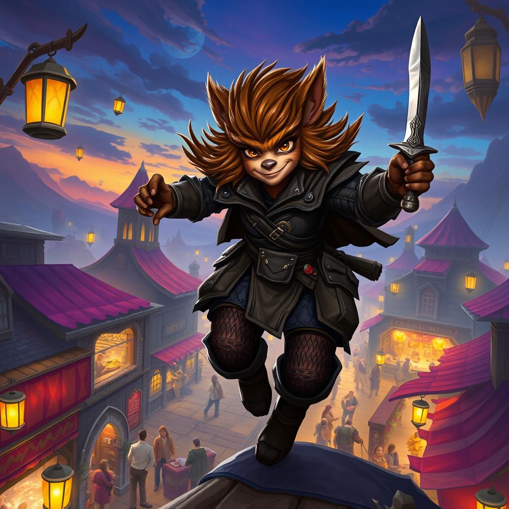 A striking female bugbear rogue illustrated in a vibrant fantasy landscape