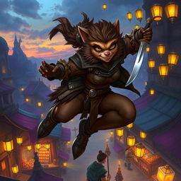 A striking female bugbear rogue illustrated in a vibrant fantasy landscape