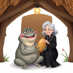 A Disney-style illustration of a stone frog happily eating a potato inside a cozy hut, accompanied by an elderly woman dressed in black