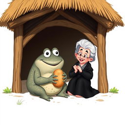 A Disney-style illustration of a stone frog happily eating a potato inside a cozy hut, accompanied by an elderly woman dressed in black
