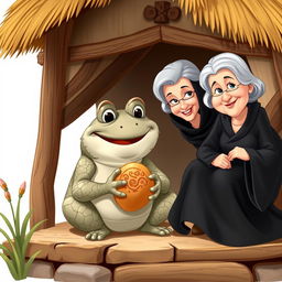 A Disney-style illustration of a stone frog happily eating a potato inside a cozy hut, accompanied by an elderly woman dressed in black